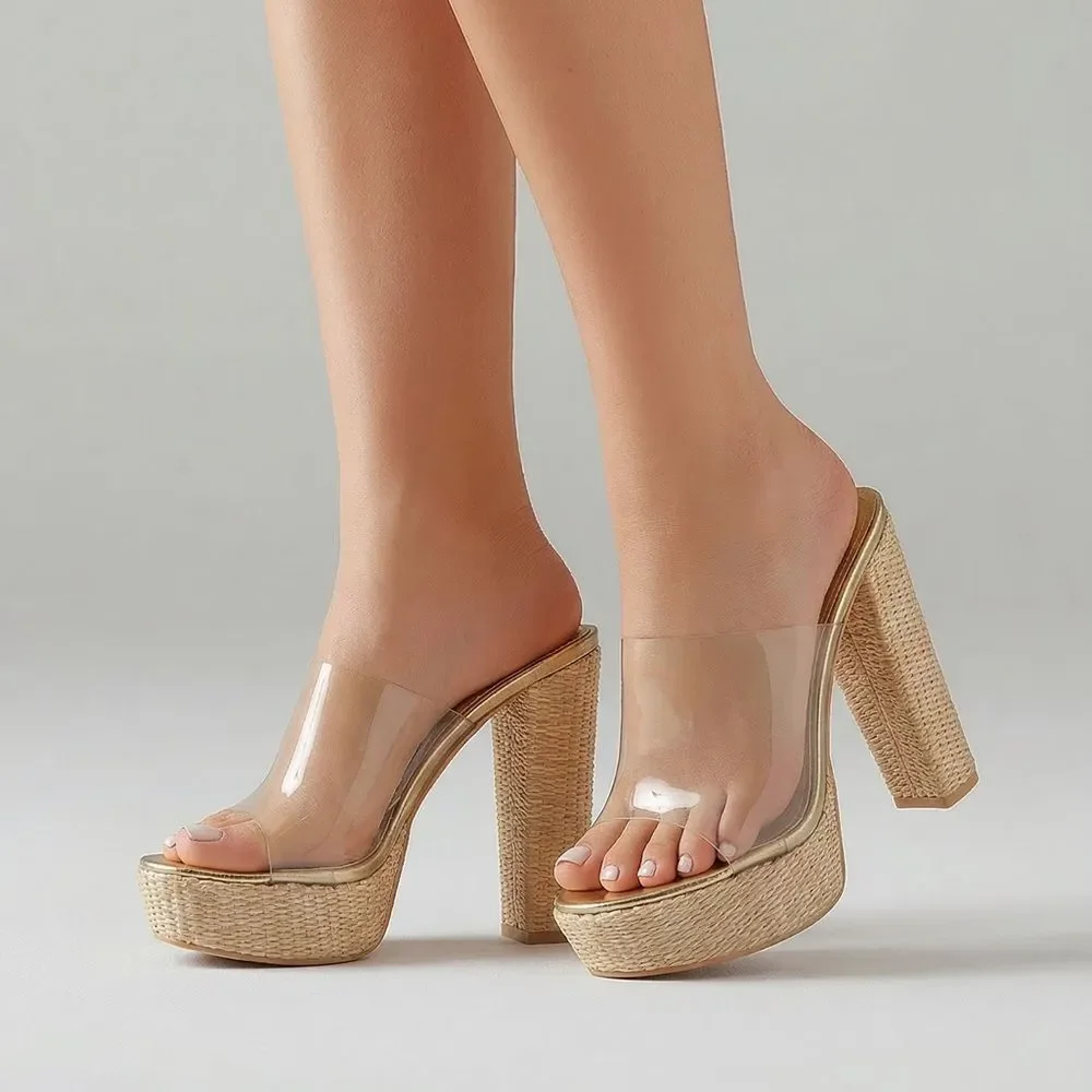 Boho Tan clear open toe platform block heel slip on sandals high heel size 11